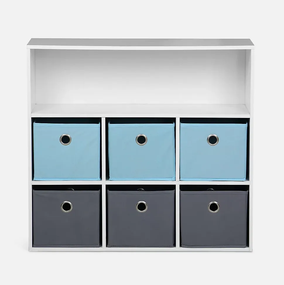 Meuble de rangement pour enfant. blanc - Camille - avec 7 compartiments et 6 paniers gris et bleus