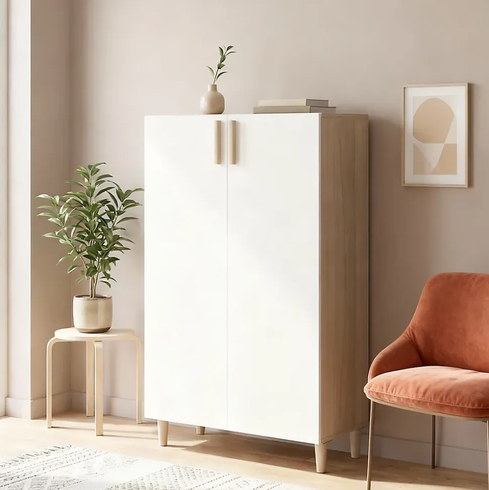 Meuble de rangement sur pieds portes battantes effet chêne et blanc GoodHome Atomia H. 123,5 x L. 75 x P. 37 cm