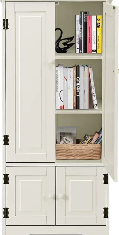 Meuble de Rangement sur Pieds avec Quatre Grandes Etageres Panneau de Stockage Reglable Structure Simple et Retro Blanc