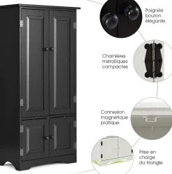 Meuble de Rangement sur Pieds, avec Quatre Grandes Etageres Panneau de Stockage Reglable Structure Simple et Retro Noir