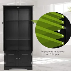 Meuble de Rangement sur Pieds, avec Quatre Grandes Etageres Panneau de Stockage Reglable Structure Simple et Retro Noir
