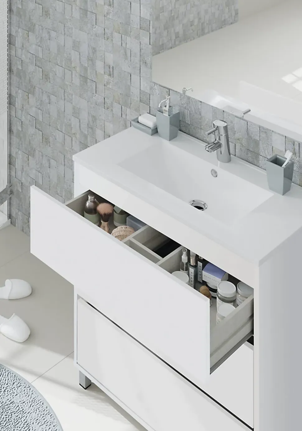 Meuble de salle de bain avec 3 portes coloris blanc - Hauteur 88 x Longueur 81 x Profondeur 47 cm
