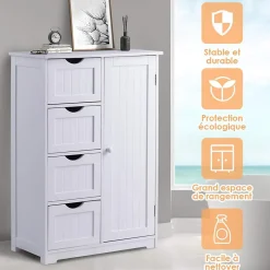 Meuble de Salle de Bain avec 4 Tiroirs, avec Porte Magnétique, Anti-Basculement & Étagère Réglable, 56x30x82cm, Blanc