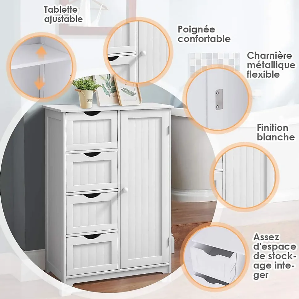 Meuble de Salle de Bain avec 4 Tiroirs, avec Porte Magnétique, Anti-Basculement & Étagère Réglable, 56x30x82cm, Blanc