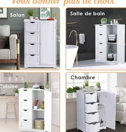 Meuble de Salle de Bain avec 4 Tiroirs, avec Porte Magnétique, Anti-Basculement & Étagère Réglable, 56x30x82cm, Blanc