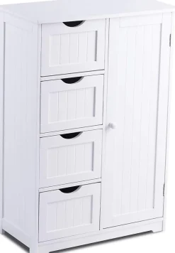 Meuble de Salle de Bain avec 4 Tiroirs, avec Porte Magnétique, Anti-Basculement & Étagère Réglable, 56x30x82cm, Blanc