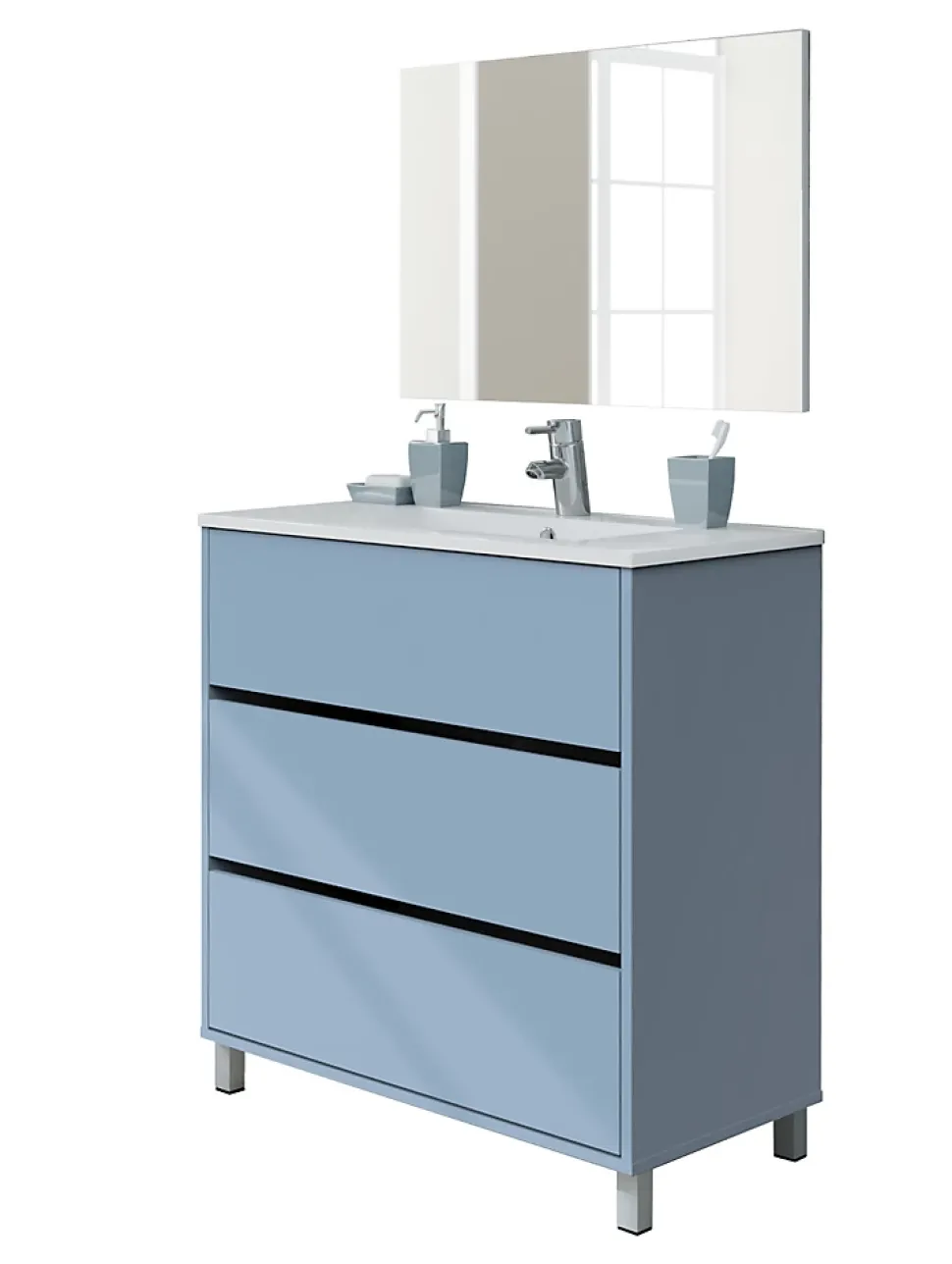 Meuble de salle de bain avec 3 portes coloris bleu azul - Hauteur 88 x Longueur 81 x Profondeur 47 cm