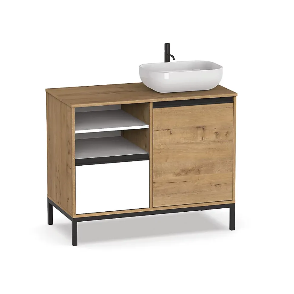 Meuble de salle de bain coloris chêne doré / pieds noir - Hauteur 81 x Longueur 100 x Profondeur 51 cm