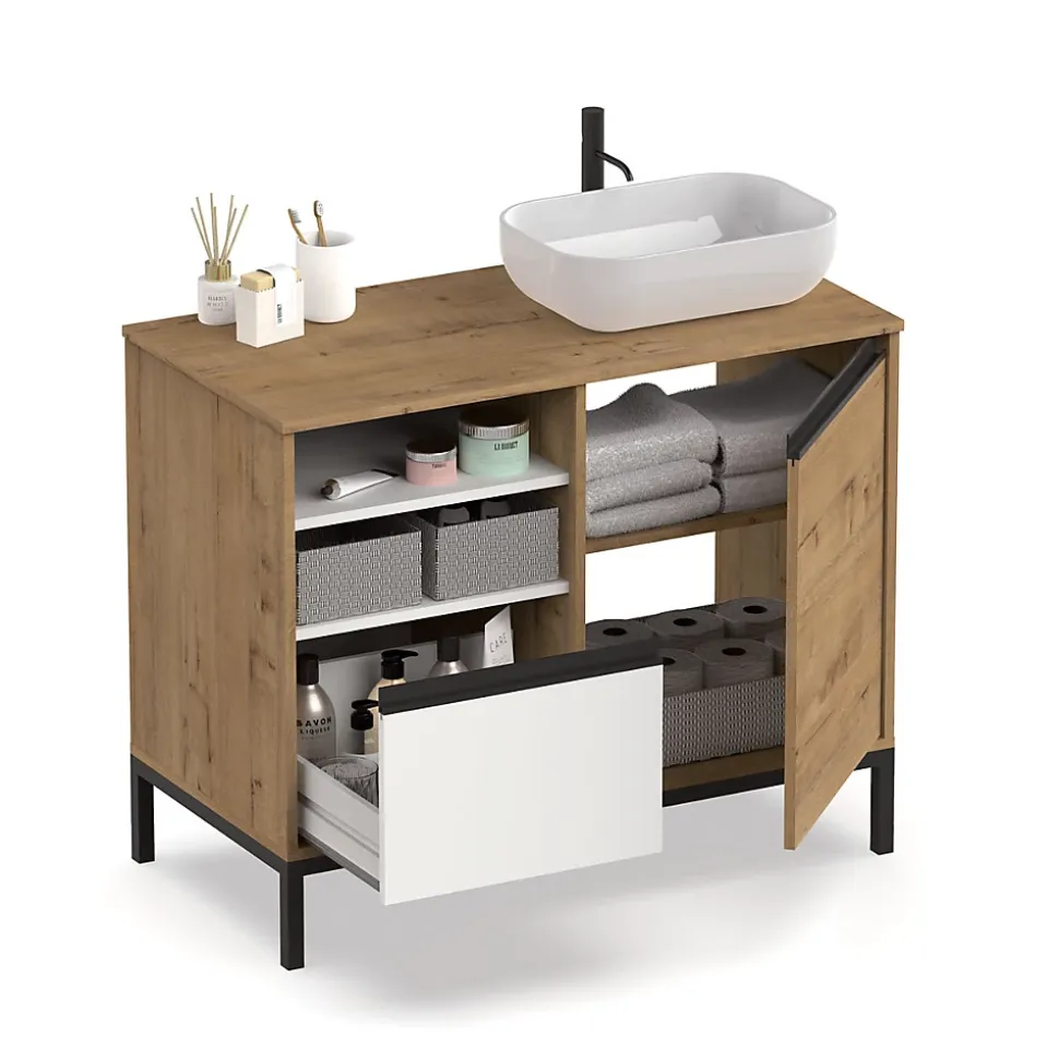 Meuble de salle de bain coloris chêne doré / pieds noir - Hauteur 81 x Longueur 100 x Profondeur 51 cm