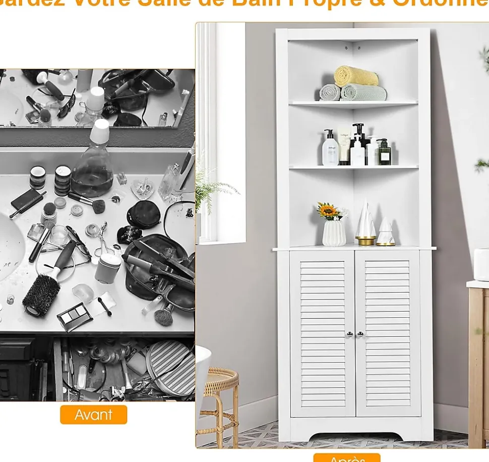 Meuble de Salle de Bain d'Angle,avec 3 Compartiments avec 1 Panneau à 3 Positions,avec 2 Portes,pour Salon,Cuisine, Salle de Bain