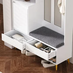 Meuble d'entrée - Armoire d'entrée avec Banc à Chaussures, 4 Crochets et 2 Tiroirs, Porte MDF - 100x35x180 cm, Blanc