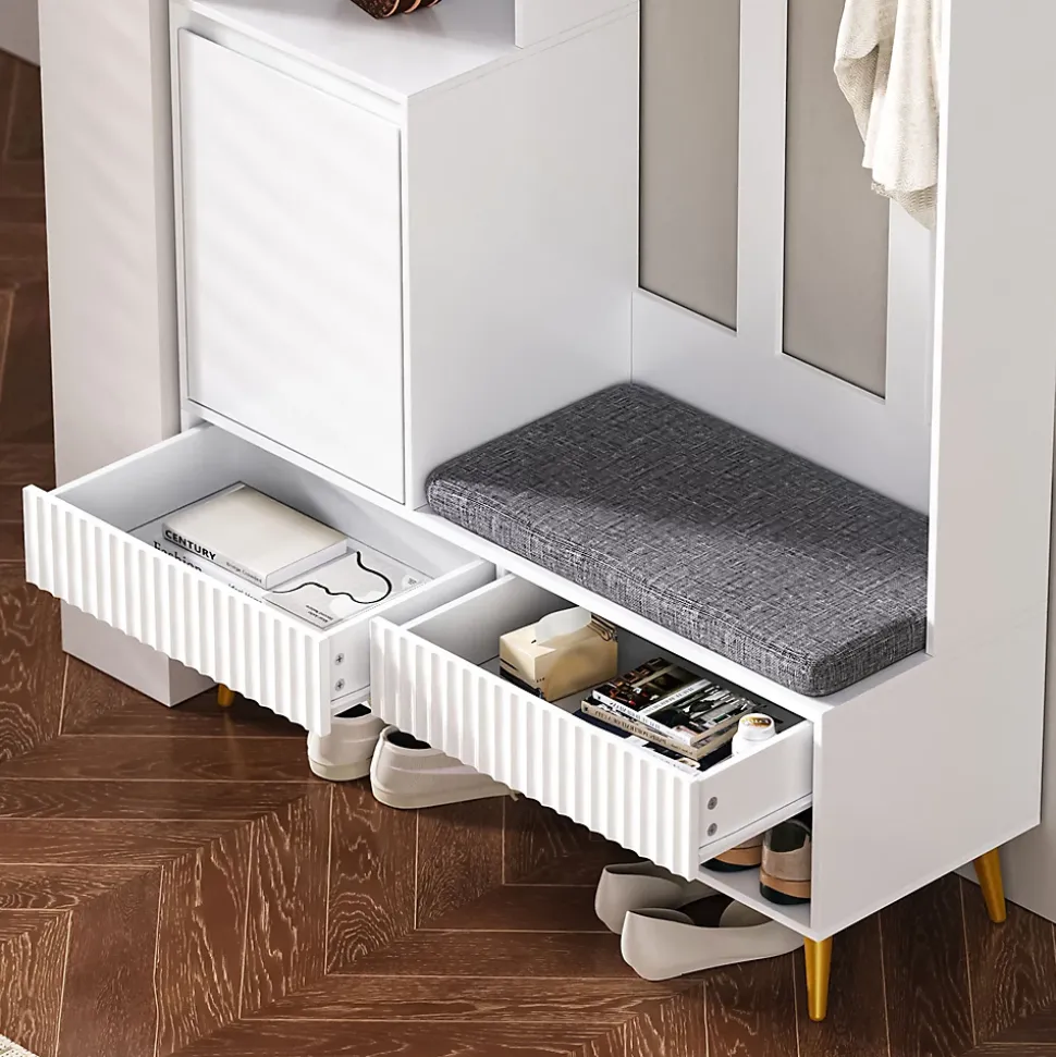 Meuble d'entrée - Armoire d'entrée avec Banc à Chaussures, 4 Crochets et 2 Tiroirs, Porte MDF - 100x35x180 cm, Blanc
