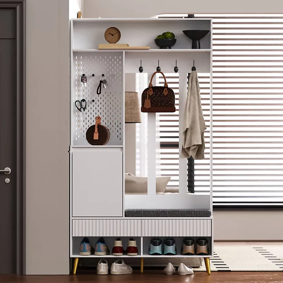 Meuble d'entrée - Armoire d'entrée avec Banc à Chaussures, 4 Crochets et 2 Tiroirs, Porte MDF - 100x35x180 cm, Blanc