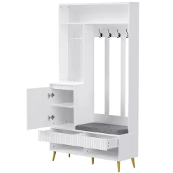 Meuble d'entrée - Armoire d'entrée avec Banc à Chaussures, 4 Crochets et 2 Tiroirs, Porte MDF - 100x35x180 cm, Blanc