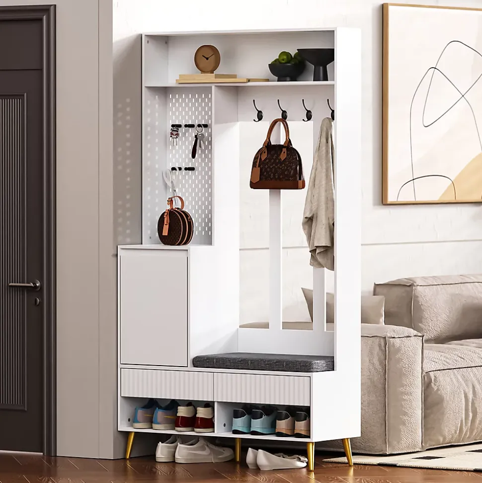 Meuble d'entrée - Armoire d'entrée avec Banc à Chaussures, 4 Crochets et 2 Tiroirs, Porte MDF - 100x35x180 cm, Blanc