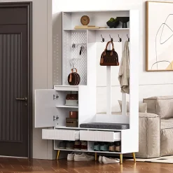 Meuble d'entrée - Armoire d'entrée avec Banc à Chaussures, 4 Crochets et 2 Tiroirs, Porte MDF - 100x35x180 cm, Blanc