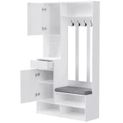 Meuble d'entrée - Armoire d'entrée avec Banc, 4 Crochets et 2 Tiroirs, Penderie Vestiaire MDF - 100x35x180 cm, Blanc
