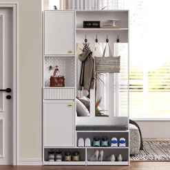 Meuble d'entrée - Armoire d'entrée avec Banc, 4 Crochets et 2 Tiroirs, Penderie Vestiaire MDF - 100x35x180 cm, Blanc