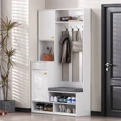 Meuble d'entrée - Armoire d'entrée avec Banc, 4 Crochets et 2 Tiroirs, Penderie Vestiaire MDF - 100x35x180 cm, Blanc