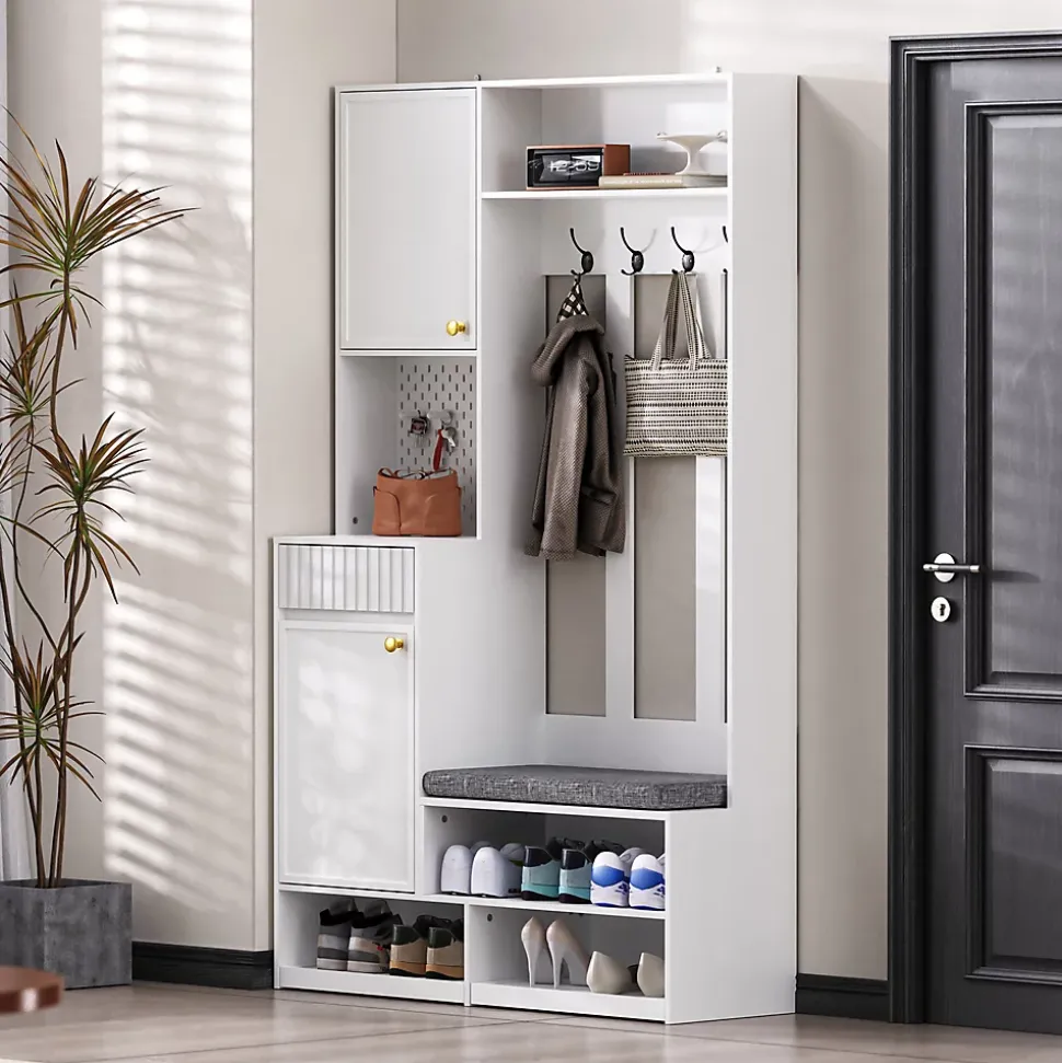 Meuble d'entrée - Armoire d'entrée avec Banc, 4 Crochets et 2 Tiroirs, Penderie Vestiaire MDF - 100x35x180 cm, Blanc