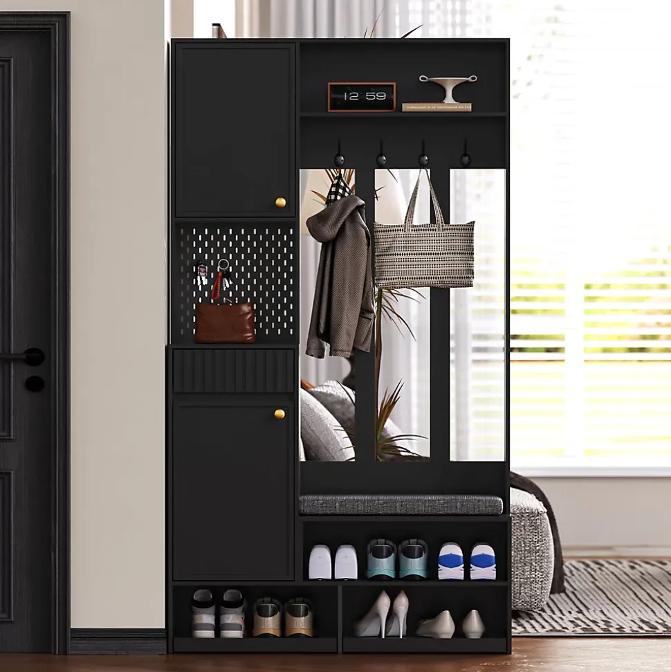 Meuble d'entrée - Armoire d'entrée avec Banc, 4 Crochets et 2 Tiroirs, Vestiaire Penderie MDF - 100x35x180 cm, Noir