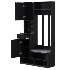 Meuble d'entrée - Armoire d'entrée avec Banc, 4 Crochets et 2 Tiroirs, Vestiaire Penderie MDF - 100x35x180 cm, Noir