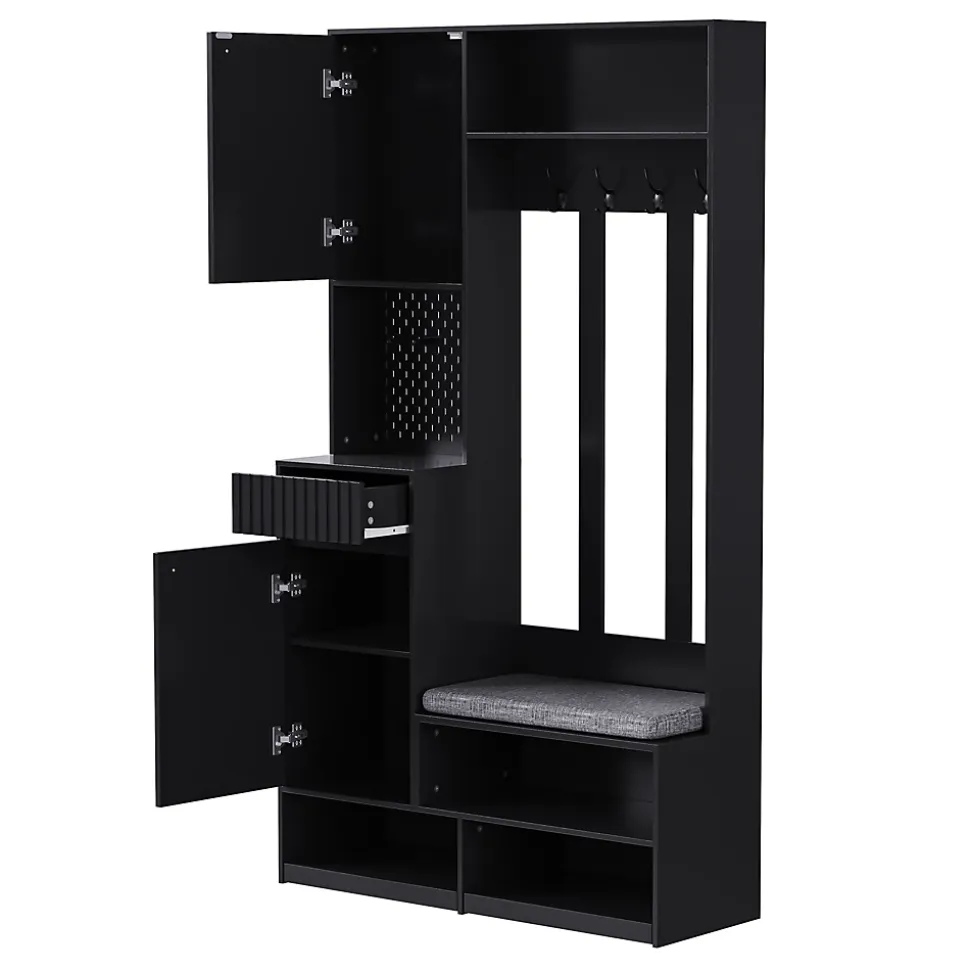 Meuble d'entrée - Armoire d'entrée avec Banc, 4 Crochets et 2 Tiroirs, Vestiaire Penderie MDF - 100x35x180 cm, Noir