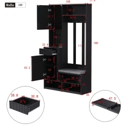 Meuble d'entrée - Armoire d'entrée avec Banc, 4 Crochets et 2 Tiroirs, Vestiaire Penderie MDF - 100x35x180 cm, Noir