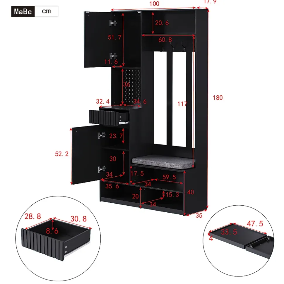 Meuble d'entrée - Armoire d'entrée avec Banc, 4 Crochets et 2 Tiroirs, Vestiaire Penderie MDF - 100x35x180 cm, Noir