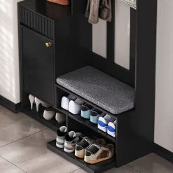 Meuble d'entrée - Armoire d'entrée avec Banc, 4 Crochets et 2 Tiroirs, Vestiaire Penderie MDF - 100x35x180 cm, Noir