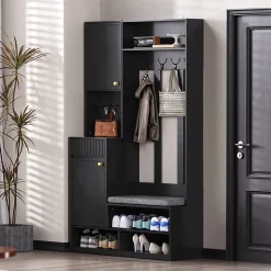 Meuble d'entrée - Armoire d'entrée avec Banc, 4 Crochets et 2 Tiroirs, Vestiaire Penderie MDF - 100x35x180 cm, Noir
