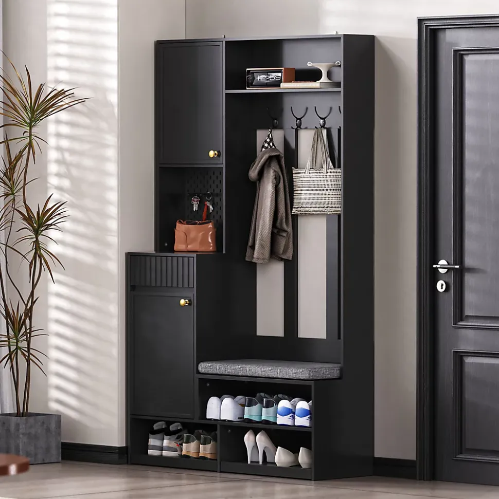 Meuble d'entrée - Armoire d'entrée avec Banc, 4 Crochets et 2 Tiroirs, Vestiaire Penderie MDF - 100x35x180 cm, Noir