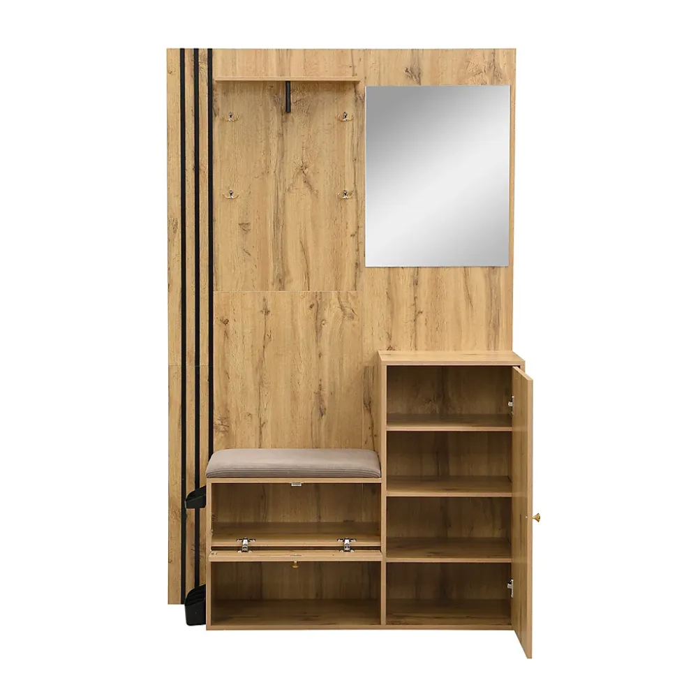 Meuble d'entrée - Armoire Penderie d'entrée avec Miroir, Banc et Porte-Manteaux - Porte-Parapluie Inclus - Naturel - 115x185x37 cm