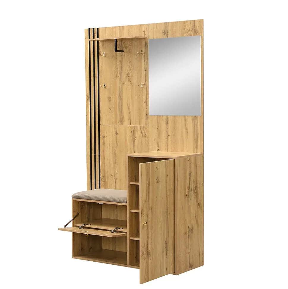 Meuble d'entrée - Armoire Penderie d'entrée avec Miroir, Banc et Porte-Manteaux - Porte-Parapluie Inclus - Naturel - 115x185x37 cm