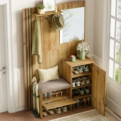 Meuble d'entrée - Armoire Penderie d'entrée avec Miroir, Banc et Porte-Manteaux - Porte-Parapluie Inclus - Naturel - 115x185x37 cm