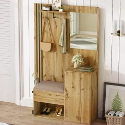Meuble d'entrée - Armoire Penderie d'entrée avec Miroir, Banc et Porte-Manteaux - Porte-Parapluie Inclus - Naturel - 115x185x37 cm