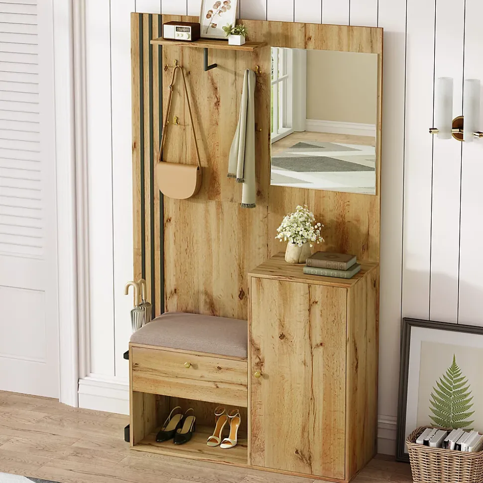 Meuble d'entrée - Armoire Penderie d'entrée avec Miroir, Banc et Porte-Manteaux - Porte-Parapluie Inclus - Naturel - 115x185x37 cm