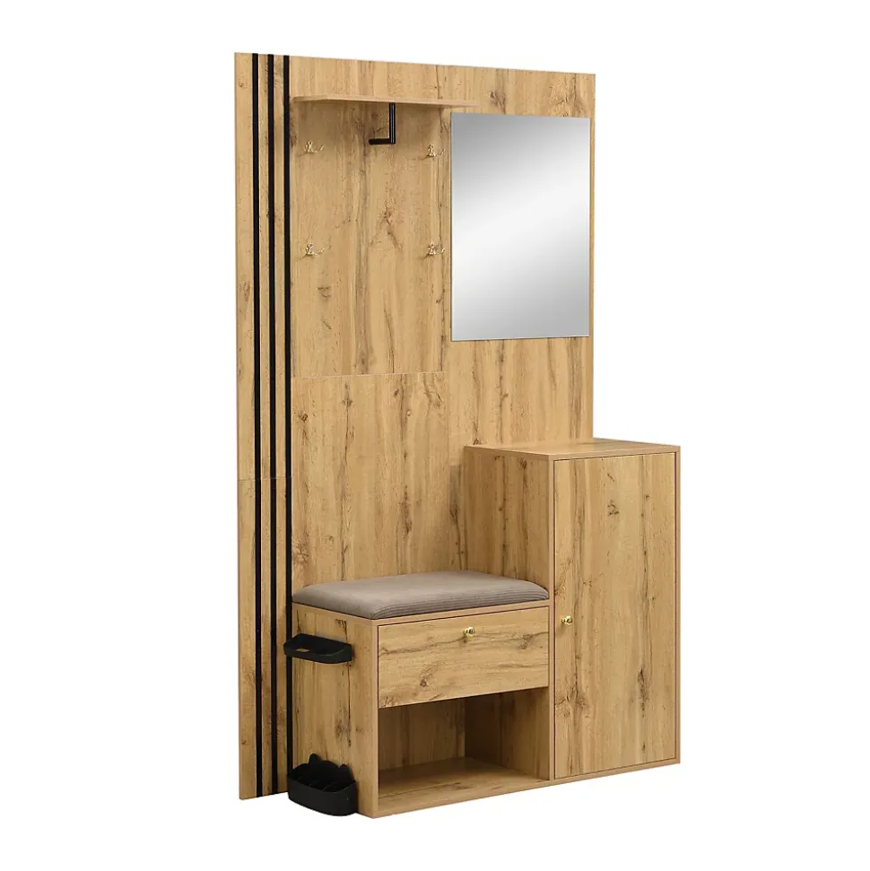 Meuble d'entrée - Armoire Penderie d'entrée avec Miroir, Banc et Porte-Manteaux - Porte-Parapluie Inclus - Naturel - 115x185x37 cm