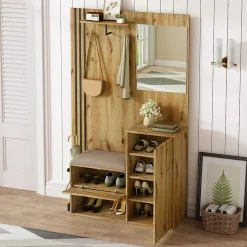 Meuble d'entrée - Armoire Penderie d'entrée avec Miroir, Banc et Porte-Manteaux - Porte-Parapluie Inclus - Naturel - 115x185x37 cm