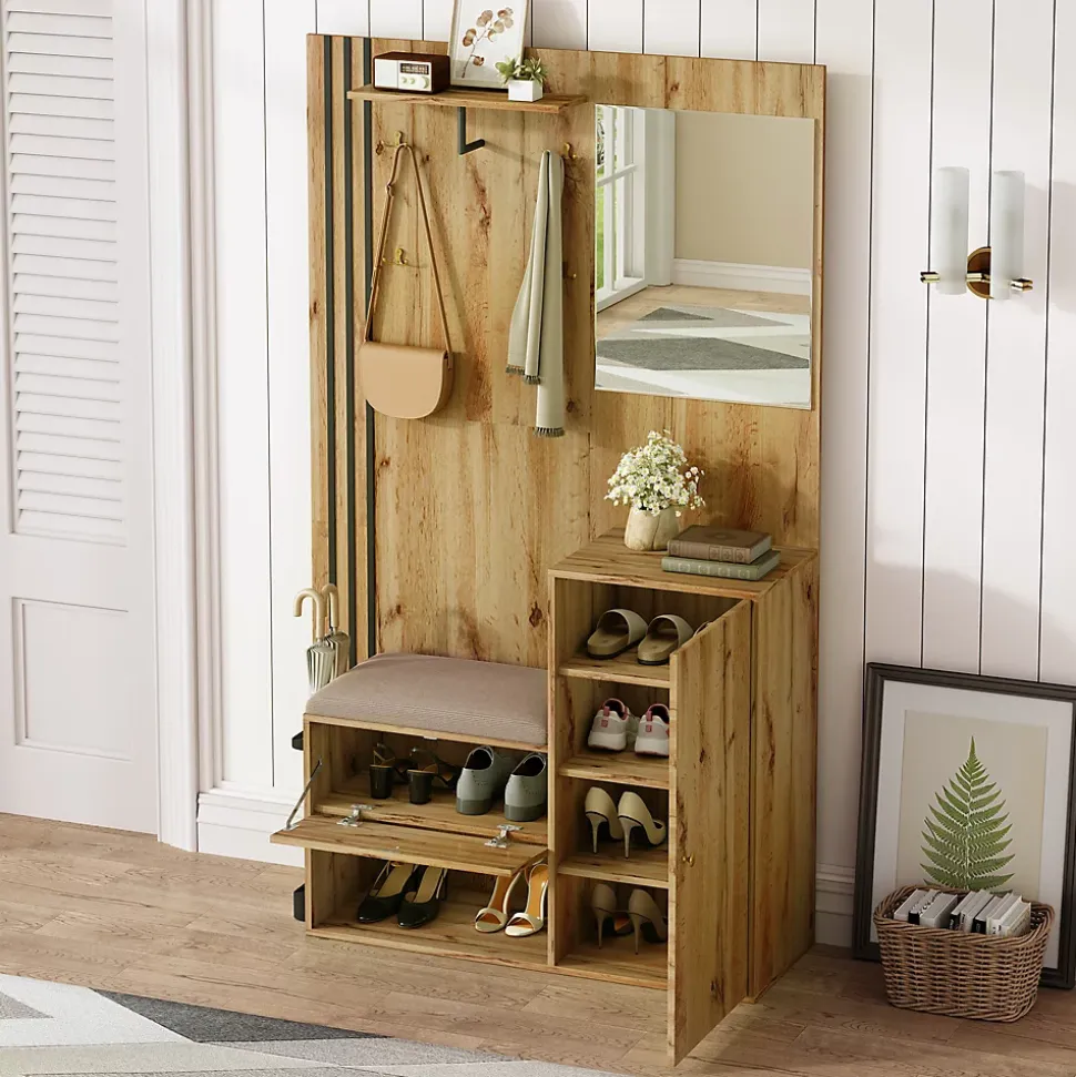 Meuble d'entrée - Armoire Penderie d'entrée avec Miroir, Banc et Porte-Manteaux - Porte-Parapluie Inclus - Naturel - 115x185x37 cm