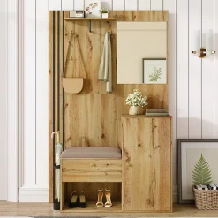 Meuble d'entrée - Armoire Penderie d'entrée avec Miroir, Banc et Porte-Manteaux - Porte-Parapluie Inclus - Naturel - 115x185x37 cm