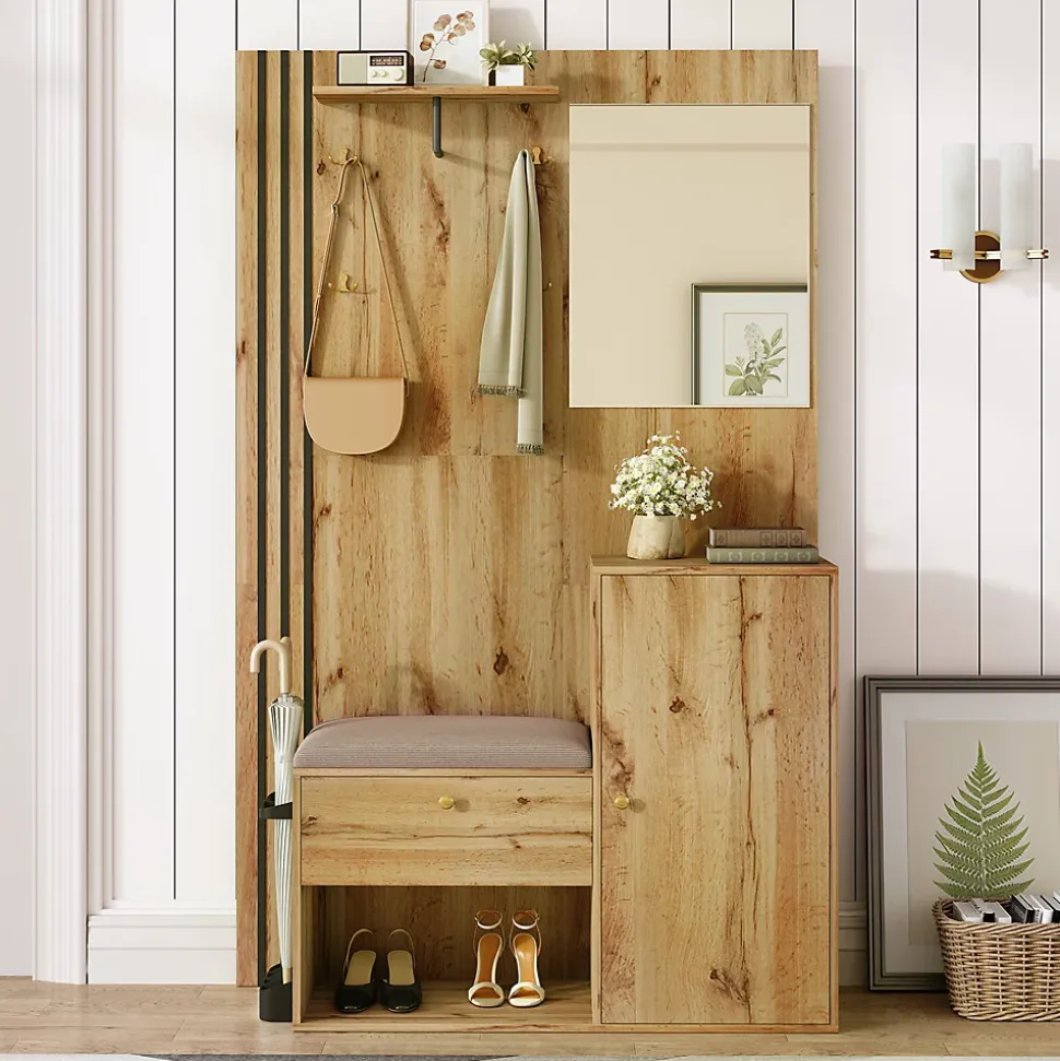 Meuble d'entrée - Armoire Penderie d'entrée avec Miroir, Banc et Porte-Manteaux - Porte-Parapluie Inclus - Naturel - 115x185x37 cm