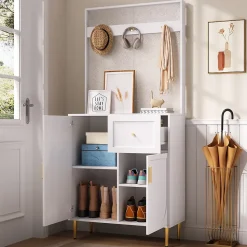 Meuble d'entrée - Armoire Penderie d'entrée avec Étagères et Porte-Chaussures - Rangement Pratique - Blanc - 80x175,5x35 cm