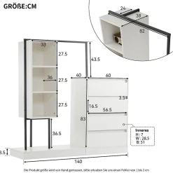 Meuble d'entrée - Commode avec Penderie et Étagères, Penderie ouverte avec Tiroirs et Étagères, Blanc - 140 x 40 x 135 cm - Blanc