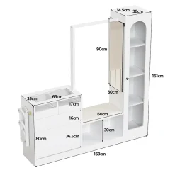 Meuble d'entrée 6 en 1 avec banc à chaussures, penderie et coiffeuse, design moderne panneaux de particules, 163x35x161 cm blanc