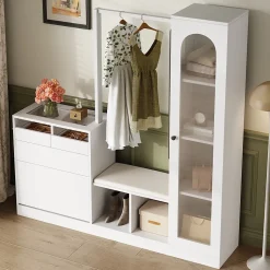 Meuble d'entrée 6 en 1 avec banc à chaussures, penderie et coiffeuse, design moderne panneaux de particules, 163x35x161 cm blanc