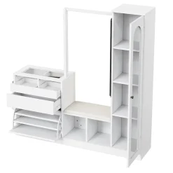 Meuble d'entrée 6 en 1 avec banc à chaussures, penderie et coiffeuse, design moderne panneaux de particules, 163x35x161 cm blanc