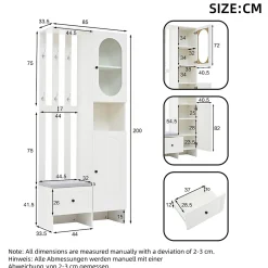 Meuble d'entrée - Vestiaire Blanc en Bois et Verre Trempé, 2 Armoires, 1 Tiroir, 10 Compartiments, avec Banc , 85x33,5x200 cm