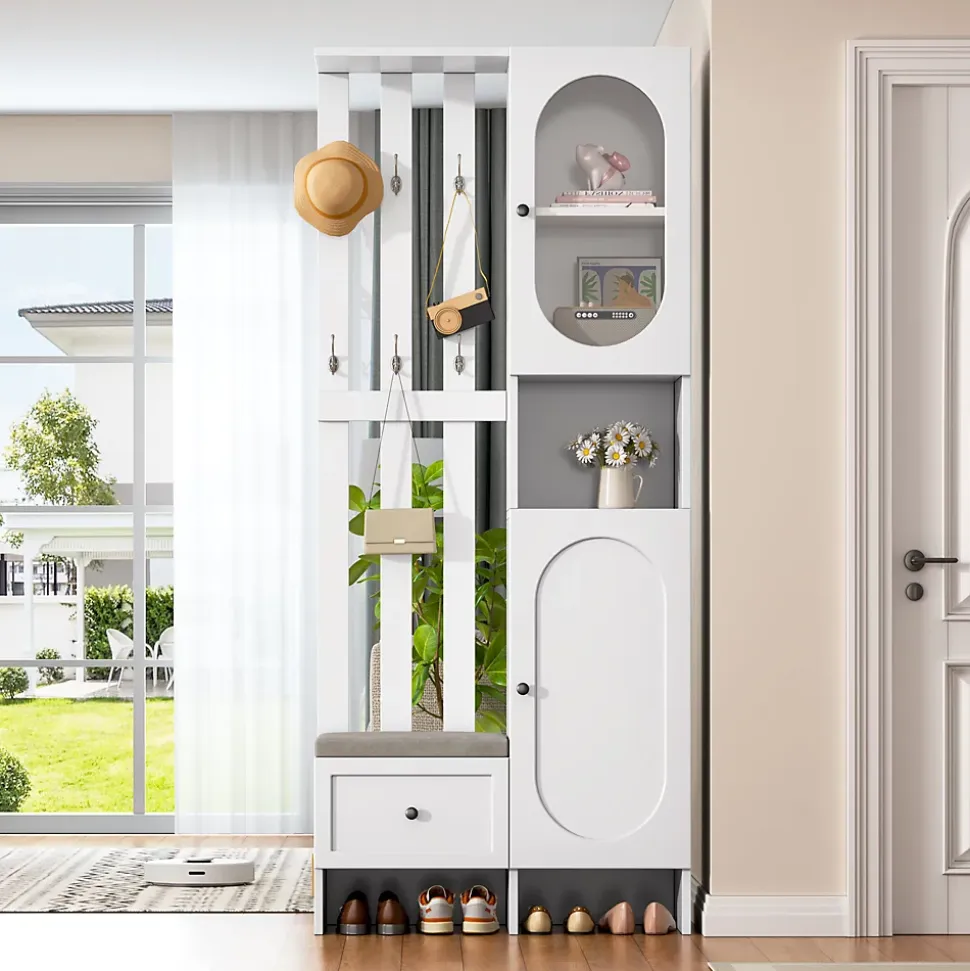 Meuble d'entrée - Vestiaire Blanc en Bois et Verre Trempé, 2 Armoires, 1 Tiroir, 10 Compartiments, avec Banc , 85x33,5x200 cm