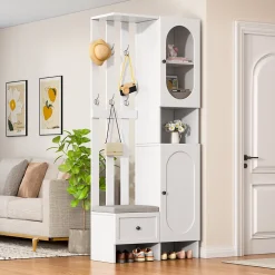 Meuble d'entrée - Vestiaire Blanc en Bois et Verre Trempé, 2 Armoires, 1 Tiroir, 10 Compartiments, avec Banc , 85x33,5x200 cm